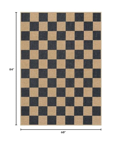 5' x 7' Checkerboard Outdoor Patio Rug - Washable Jute Look Black