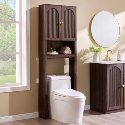 72-Inch Wooden Over The Toilet Bathroom Storage Cabinet - Brown, Arched Fluted Design