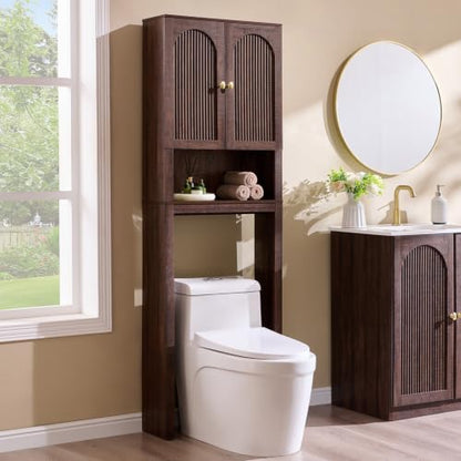 72-Inch Wooden Over The Toilet Bathroom Storage Cabinet - Brown, Arched Fluted Design