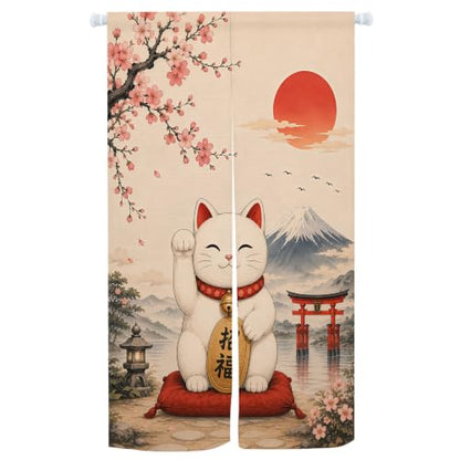 Japanese Lucky Cat Noren Doorway Curtain with Mount Fuji and Cherry Blossom - Red, 33.5 x 59 inches