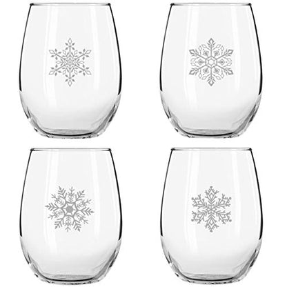 Snowflakes Christmas Stemless Wine Glass Set of 4 - 15 oz Holiday Party Cups - Elegant Gift Idea