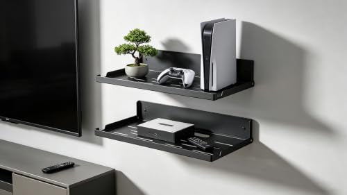 Foldable 14x8 Inch Wall Mount Router Shelf with Cable Hole - Black