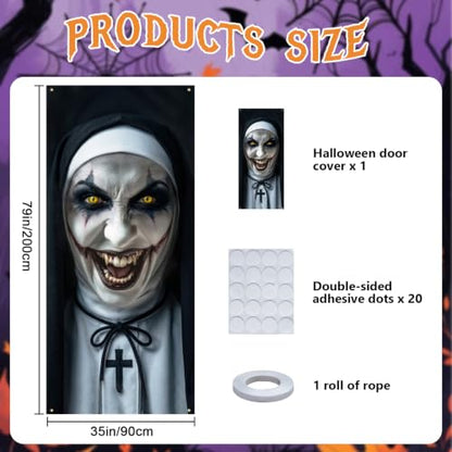 White Black Scary Nun Halloween Door Cover 79x35 in Creepy Nun Face Tapestry - Variation of THIS listing