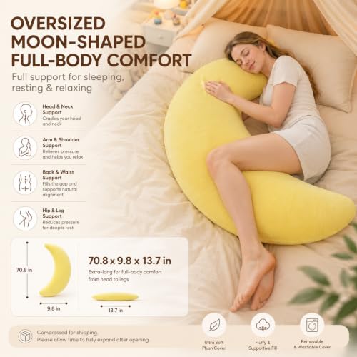 Moon Shaped Body Pillow White Oversized Cooling C-Shaped Support for Side Sleepers