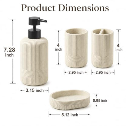 Beige Bathroom Accessory Set 4 Pieces - Toothbrush Holder, Soap Dish, Lotion Bottle, Cup - Resin