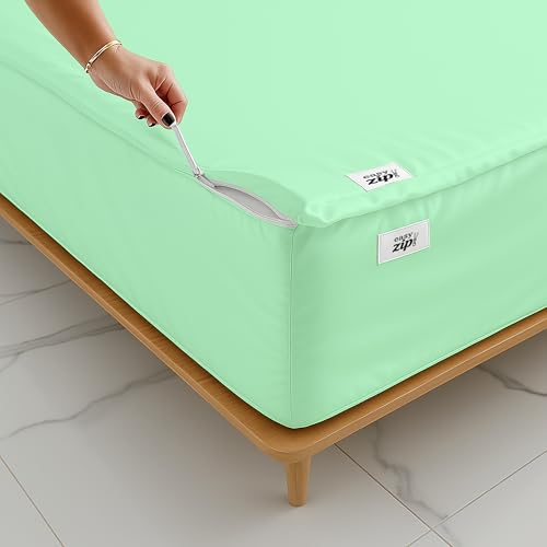 Aqua Green Twin Zipper Fitted Sheet 39x75 Inch Deep Pocket Bed Sheet with Zipper Closure