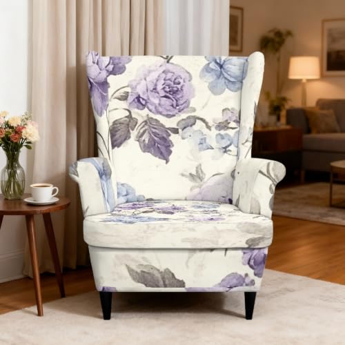 Retro Purple Floral Wingback Chair Cover 2-Piece Slipcover with Elastic Bottom