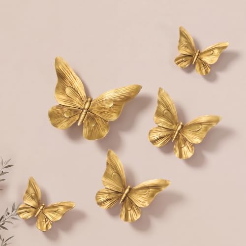 Kathfly 5 Pcs Gold Resin Butterfly Wall Decor Set with Variations