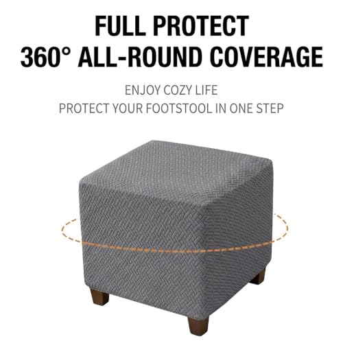 Elastic Stretch Jacquard Ottoman Cover Black - Anti Slip, Washable, Adjustable Square Storage Footstool Slipcover for 13-18 Inch Cube Ottomans