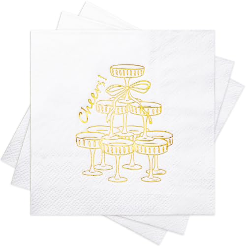 White Gold Champagne Tower Cheers Wedding Paper Napkins - 25 Pcs Disposable Cocktail Decor