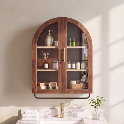 23.6-Inch Walnut Arched Bathroom Wall Cabinet with Towel Bar & Adjustable Shelf