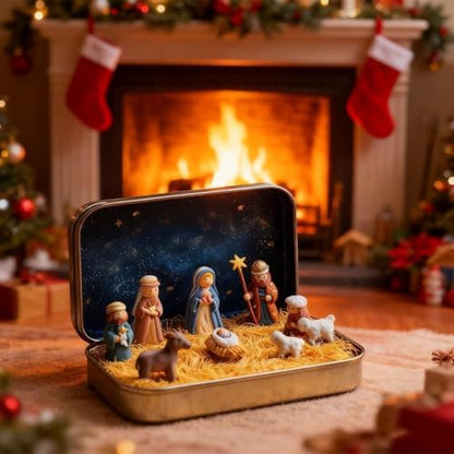 Mini Christmas Nativity Set in Tin Box - Holy Family Figurines, Small Creche, Resin, 2 Pieces