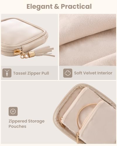 Mini Travel Jewelry Case - Oatmeal Soft PU Leather Pouch with Tangle-Free Compartments