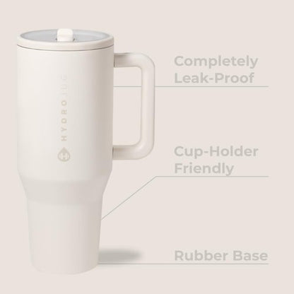 HydroJug Traveler - 32 oz Water Bottle with Handle & Flip Straw - Fits in Cup Holder, Leak Resistant Tumbler-Reusable Insulated Stainless Steel & Rubber Base - Gifts for Women & Men, Cream