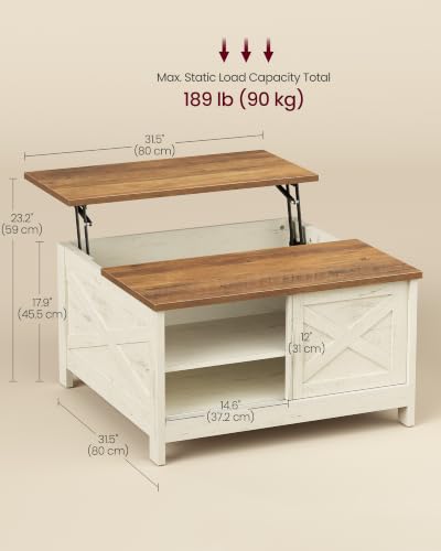 Farmhouse Coffee Table with Storage & Lift Top - Rustic White + Honey Brown, 31.5 Inch