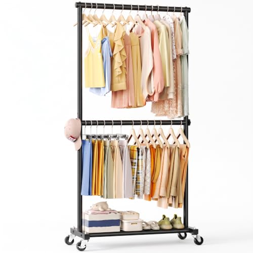 Double Rod Clothes Rack - 35" Wide Hanging & Storage Garment Rack - Black - Double Rod Variation