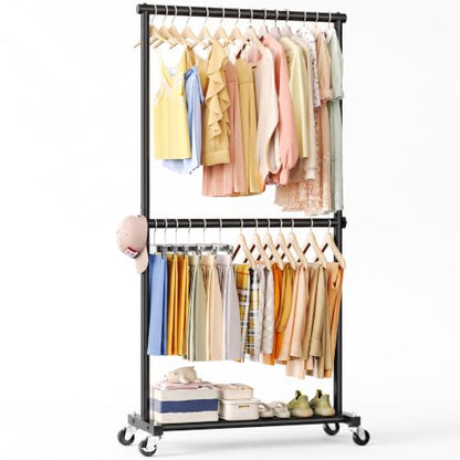 Double Rod Clothes Rack - 35" Wide Hanging & Storage Garment Rack - Black - Double Rod Variation