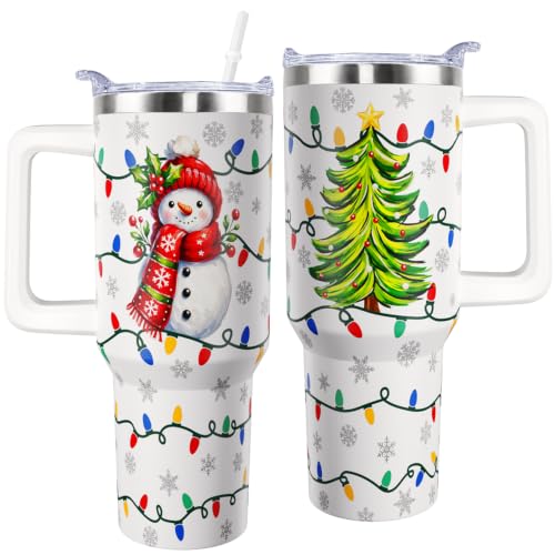 Christmas Tumbler with Handle 40oz Stainless Steel Holiday Water Bottle - Lights Variation