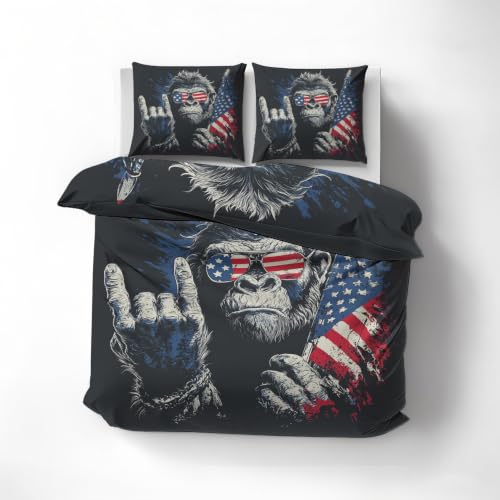 Gorilla Duvet Cover Queen Size - Kids Boys Funny Animal Bedding Set - Black 90x90