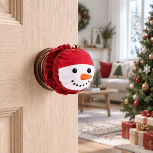 Christmas Snowman Door Knob Cover Set - Plush Holiday Decor, Red & White