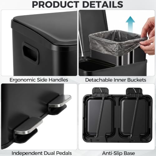 Dual Stainless Steel Kitchen Trash Can 13.2 Gallon with Soft Close Lid