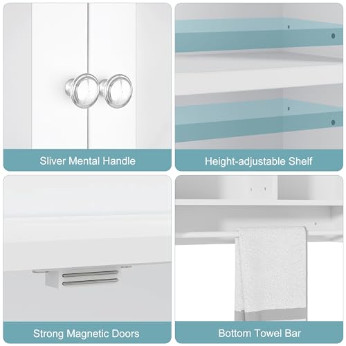 Bathroom Wall Cabinet with LED Light & Mirror, Adjustable Shelves, Towel Bar