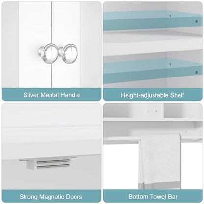 Bathroom Wall Cabinet with LED Light & Mirror, Adjustable Shelves, Towel Bar