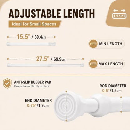 White Small Tension Curtain Rod 15.5-27.5 Inches - Non-Slip Spring Tension Rods