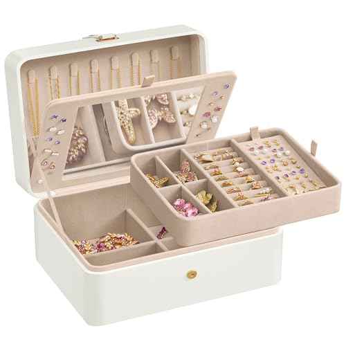 SONGMICS Jewelry Box Organizer with Mirror, 2-Layer Jewelry Holder Case, Removable Tray, 6.9 x 8.7 x 4.3 Inches, Earring Necklace Storage, Gift Idea, Cloud White UJBC200W01