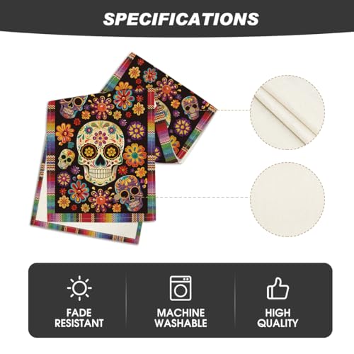 Flowers Sugar Skull Mexican Day of The Dead Table Runner - Red & Blue 13x90 Inch
