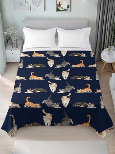 Twin XL Flat Sheet - Cartoon Cats Microfiber Bed Sheets in Yellow Cream Brown Variation
