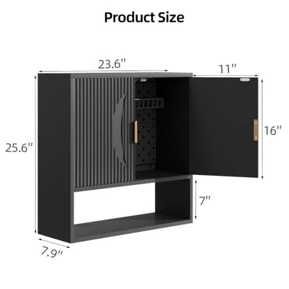 Kalrin Wall Bathroom Cabinet with Adjustable Baskets & Hooks - Black