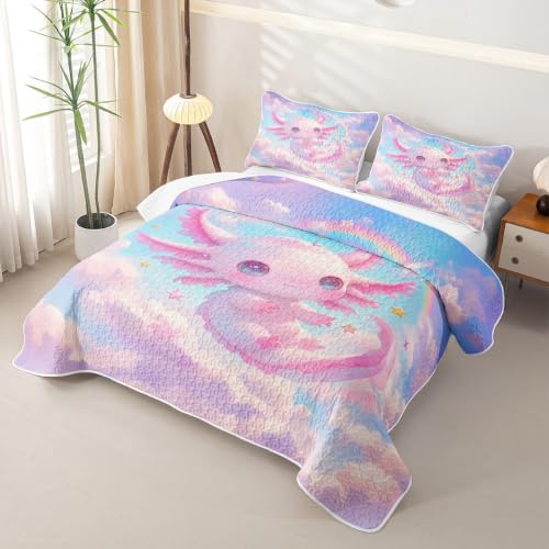 Colorful Axolotl Quilted Bedspread for Twin Bed - Galaxy Cloud Pattern