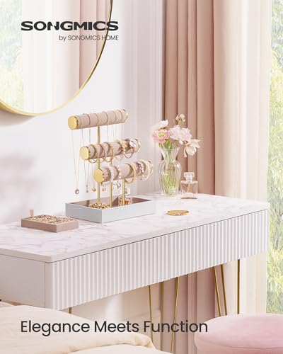Cloud White + Camel Brown 3-Tier Jewelry Bracelet Holder Stand with Removable Ring Tray