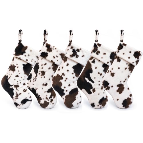 Cow Print Christmas Stockings Set of 5 - Faux Fur Farmhouse Holiday Decor - 20 Inch