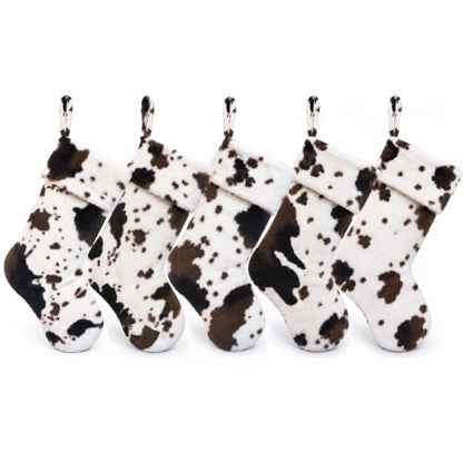 Cow Print Christmas Stockings Set of 5 - Faux Fur Farmhouse Holiday Decor - 20 Inch