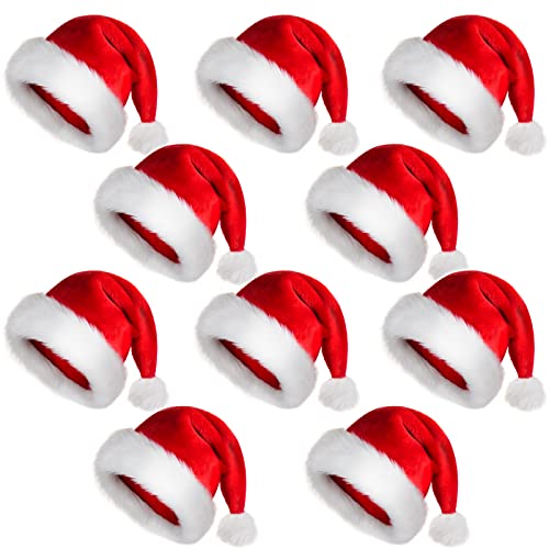 Christmas Santa Hat for Adults Kids - Red Velvet Thick Classic Holiday Party Hats (10 Pack)