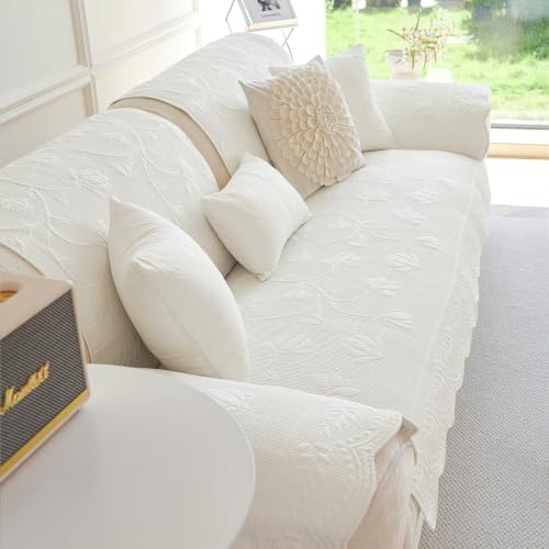 Cotton Quilted Sofa Cover for Sectional Couch - Cream, 43.3 x 94.5 Inches - Non-Slip Design