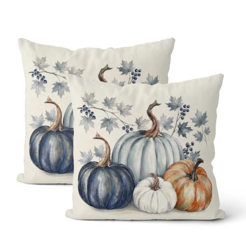 Fall Throw Pillow Covers 18x18 Inch - Pumpkin Maple Design Set of 2 - Orange Blue