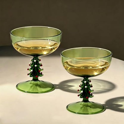 2 Pack Christmas Tree Coupe Glasses Hand Blown Cocktail Martini Glasses