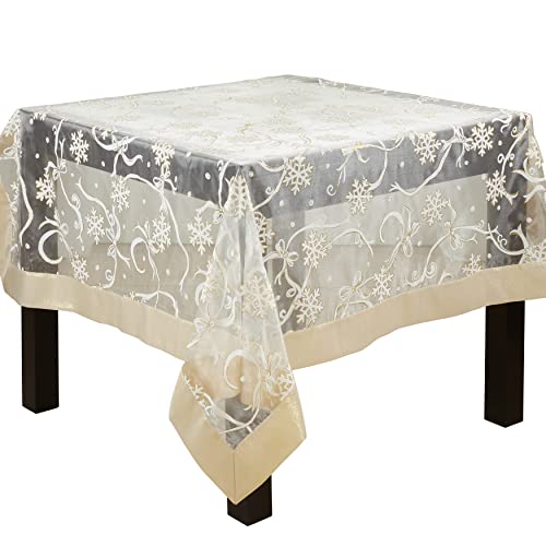 60x60 Inch Snowflake and Ribbon Tablecloth - Gold, Felicity Collection