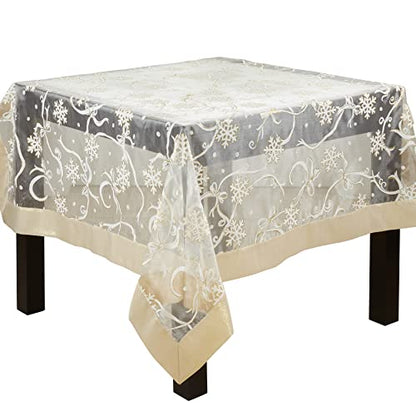 60x60 Inch Snowflake and Ribbon Tablecloth - Gold, Felicity Collection