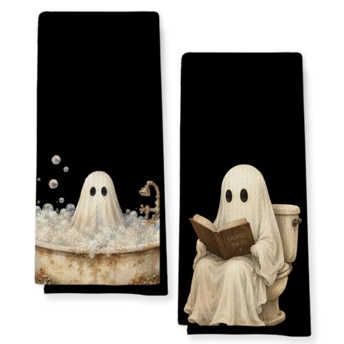 Halloween Ghost Hand Towels for Bathroom Kitchen Decor - Ghost Reading Book Variation, 16x24 Inch