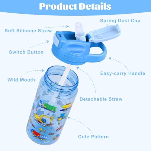 Kids Water Bottle with Straw 16.2oz BPA-Free Tritan Plastic - Blue Car & Green Dinosaur 2 Pack