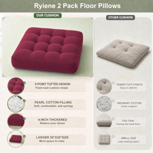 Floor Pillow Set of 2 20 Inch Large Tufted Corduroy Cushions for Sitting Meditation Lounge - Wine Red