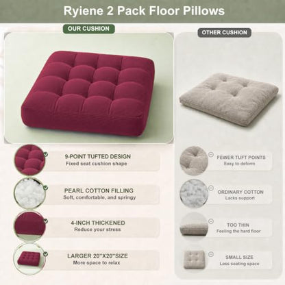 Floor Pillow Set of 2 20 Inch Large Tufted Corduroy Cushions for Sitting Meditation Lounge - Wine Red