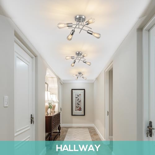 piano7797 4-Light Industrial Semi Flush Mount Ceiling Light Fixture, Modern Sputnik Chandelier Light Fixture,Brushed Nickel Ceiling Light Fixture for Kitchen Bedroom Living Room Hallway 2 Pack