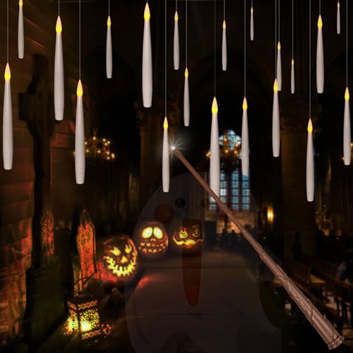 White 20Pcs Flameless Taper Floating Candles with Wand Halloween Decor