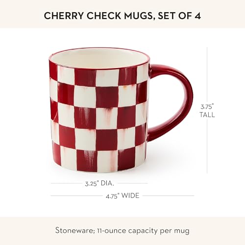 Stoneware Coffee Mug Set with Red and White Cherry Check Pattern