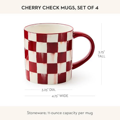 Stoneware Coffee Mug Set with Red and White Cherry Check Pattern